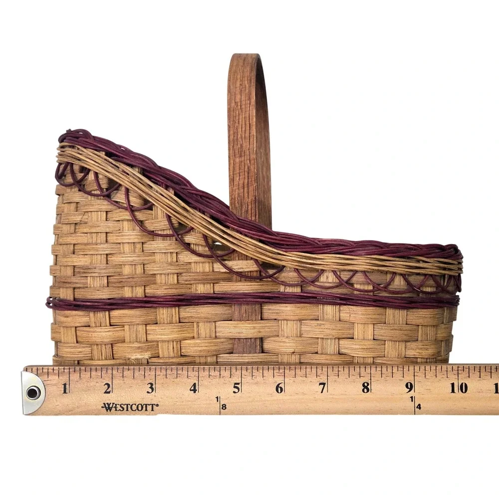 Vintage‎ Signed Artisan Woven Splint Garden Gathering Basket Wood Handle 1996